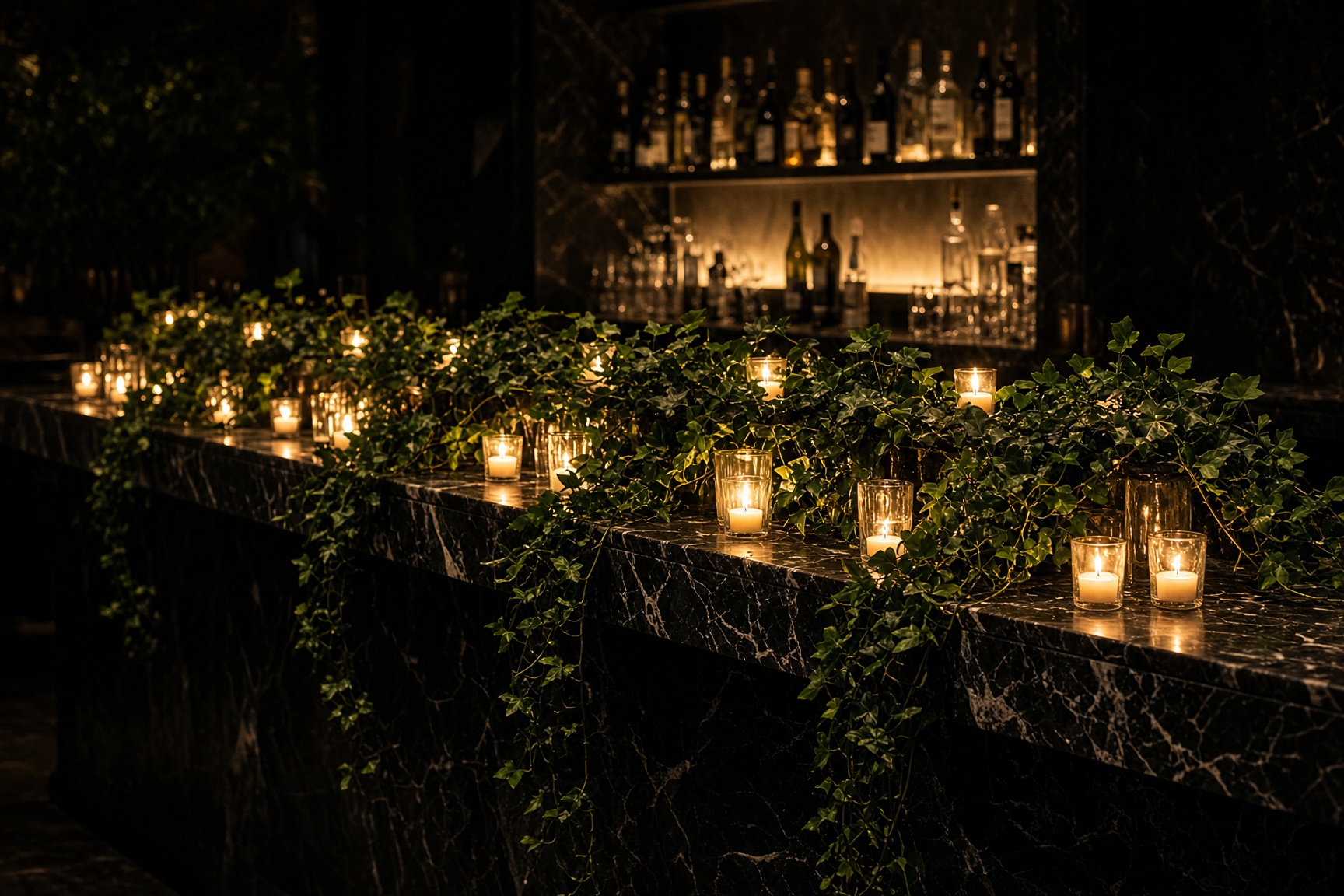 The bar at BLOEM after dark: ivy trailing the length of a black marble counter, dozens of candles in glass, and backlit bottles behind.