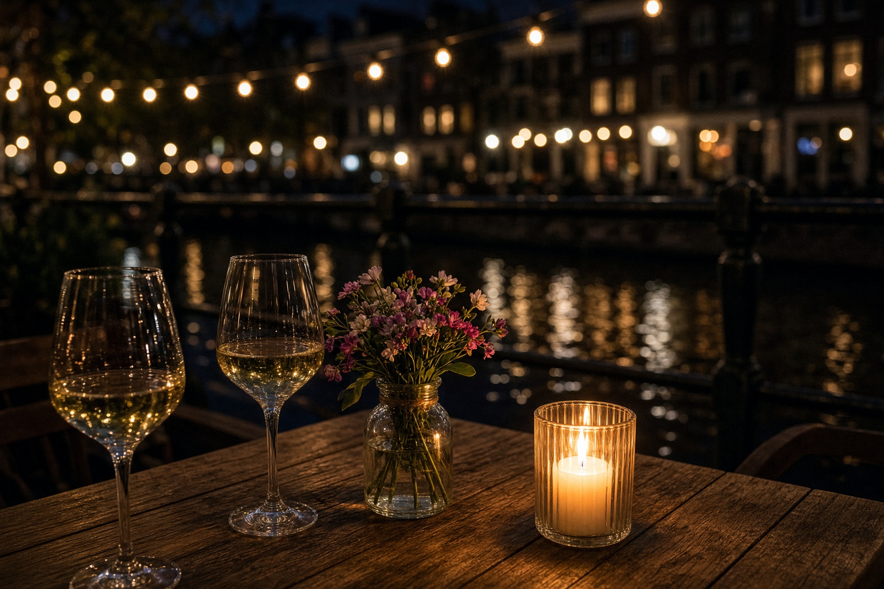 Two glasses of wine, a jam jar of flowers and a lit candle on a canal-side table, the lit houses across the water behind.