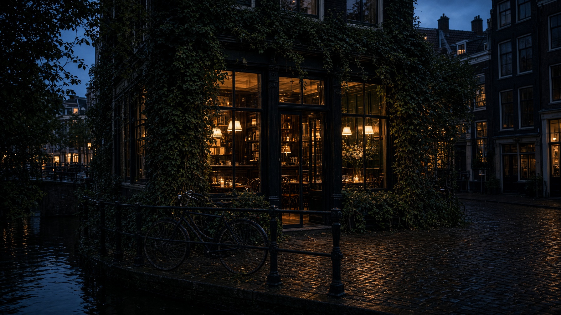 The lit windows of BLOEM on the canal at dusk, greenery framing the door and bicycles against the railing.
