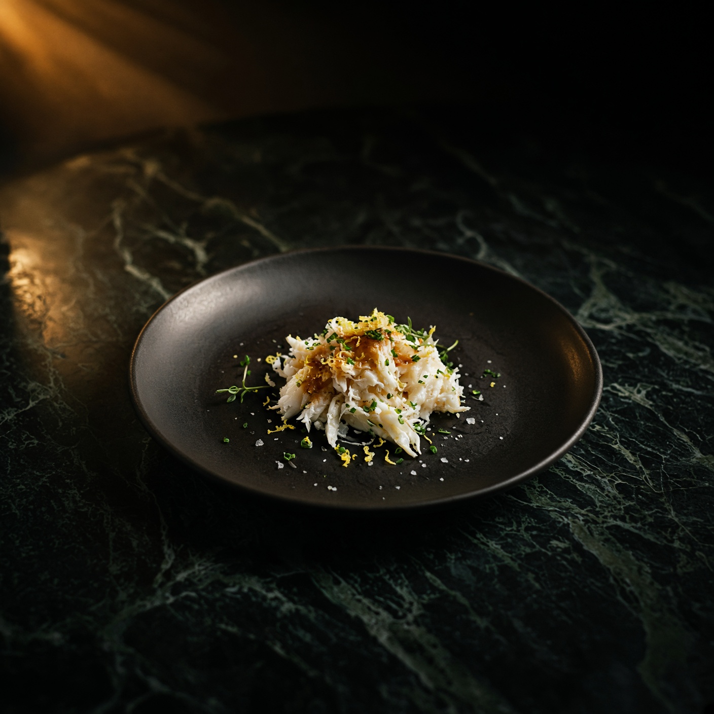Picked white crab meat on a dark plate with lemon zest, chive, sea salt and brown butter.