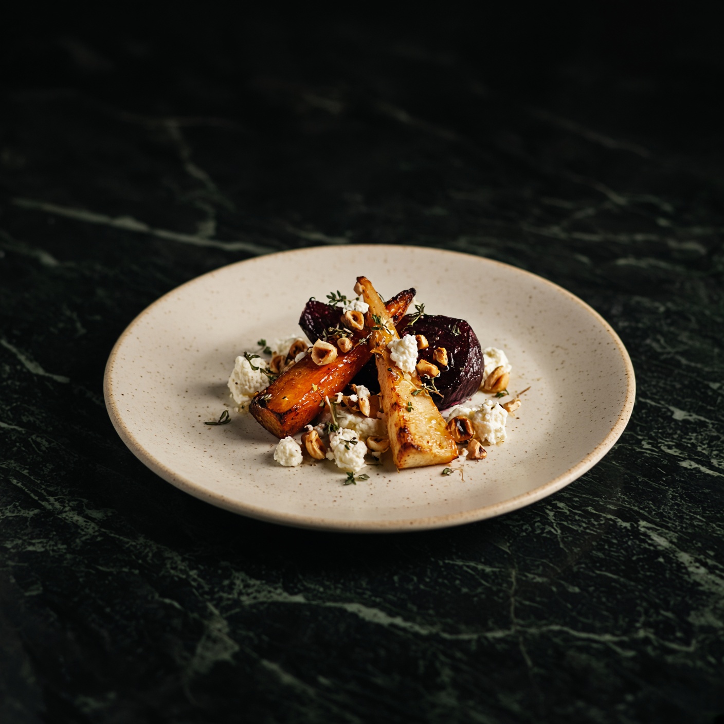 Roasted seasonal root vegetables on a speckled cream plate with goat cheese and hazelnuts.