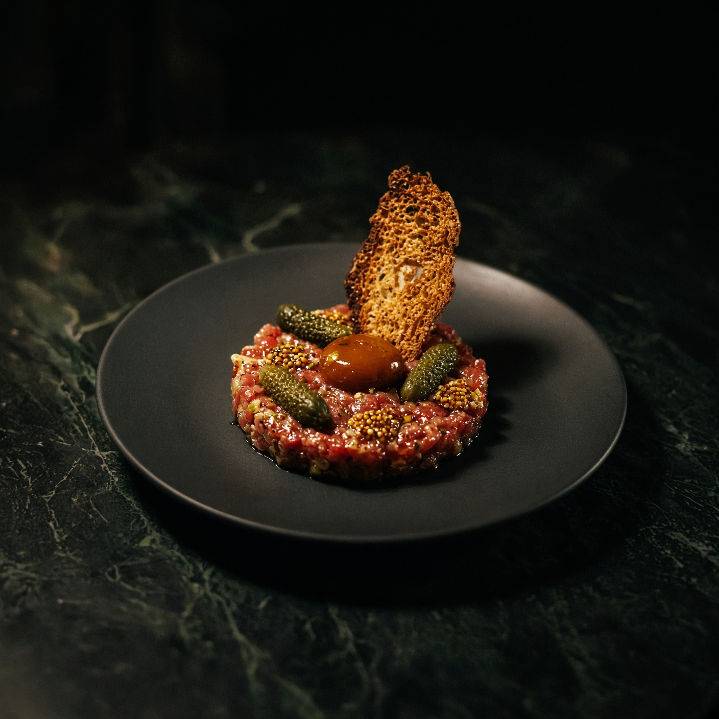 Aged beef tartare on a dark plate with cornichons, mustard seed and micro greens.