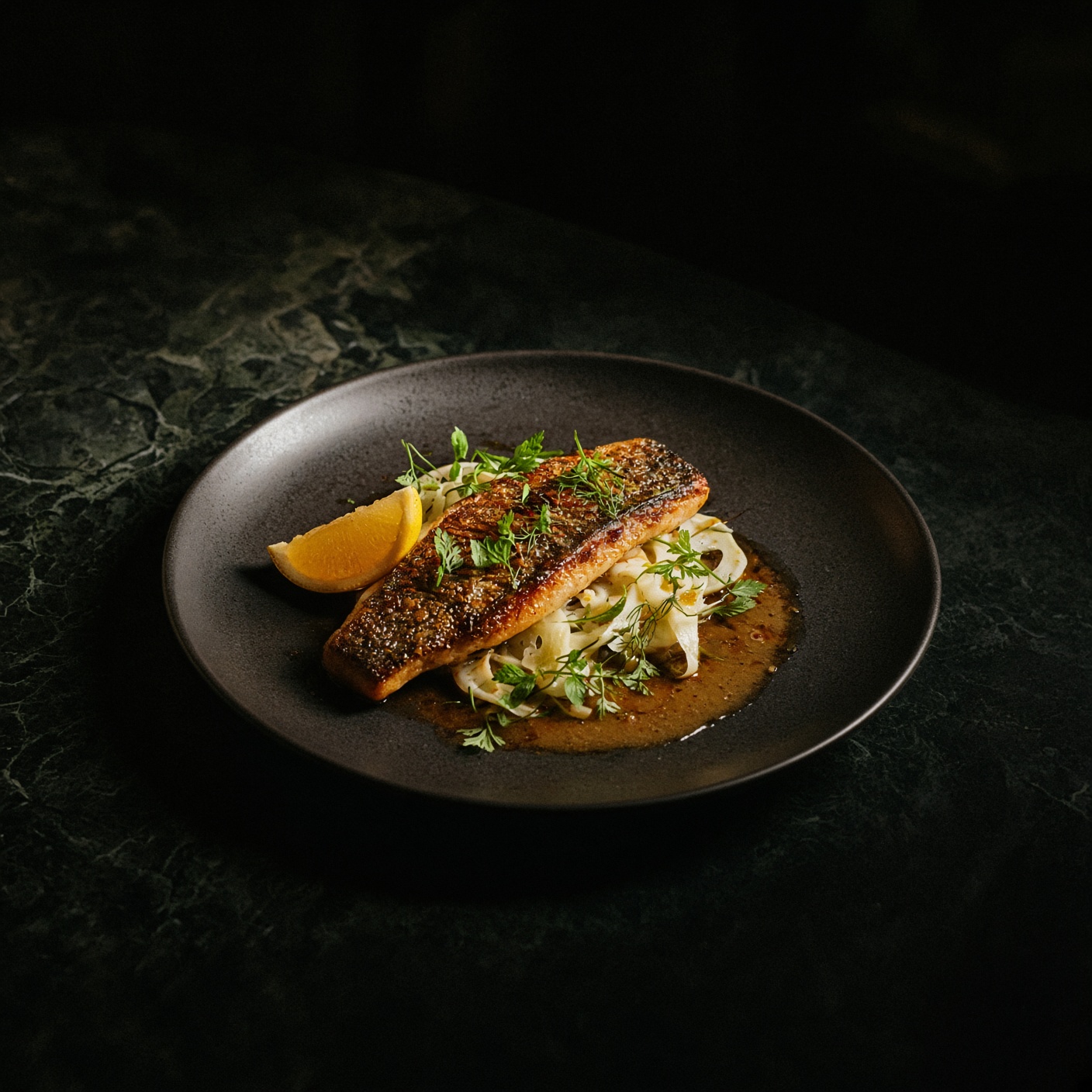 A trout fillet on a dark matte plate with confit vegetables and herbs, photographed on dark marble.