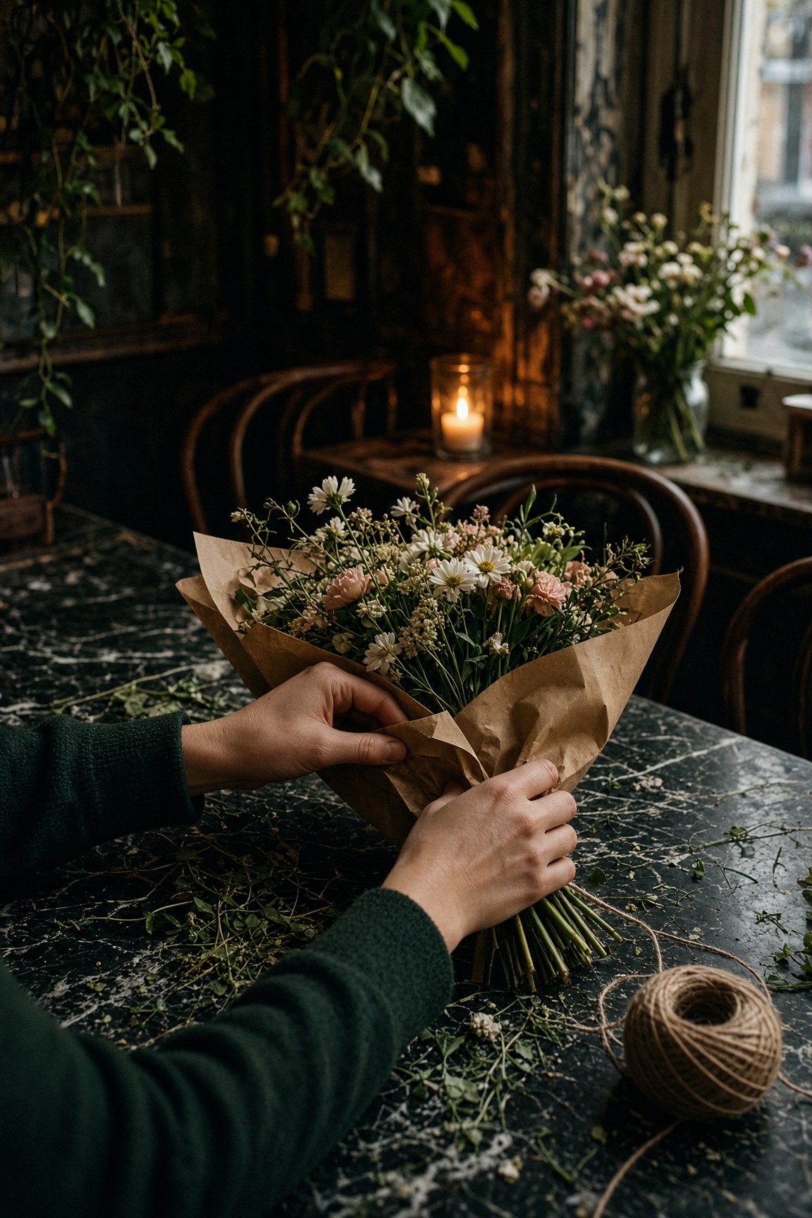 Hands wrapping a loose bunch of seasonal flowers in brown paper on the marble counter.