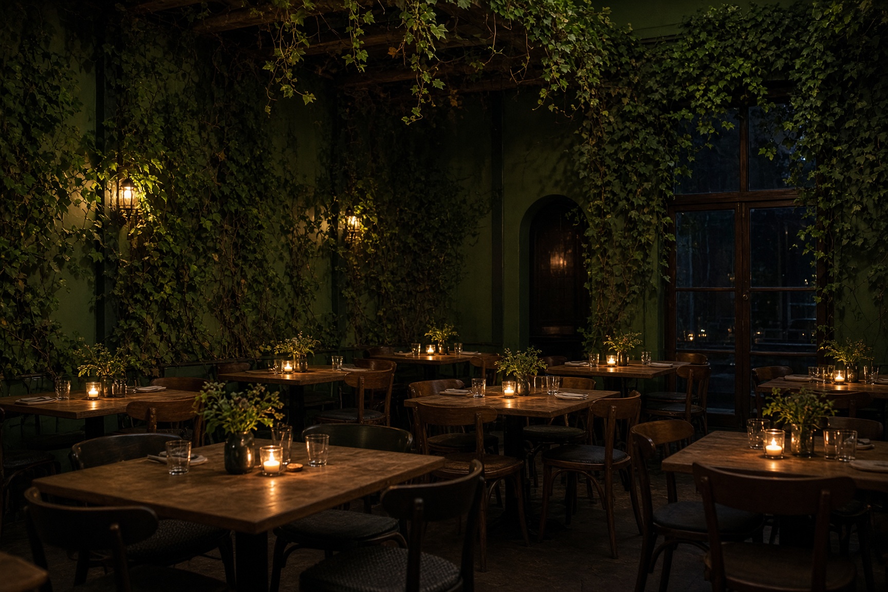 The ivy room: deep green walls under trailing ivy, bentwood chairs, and a candle and jar of greenery on every table.