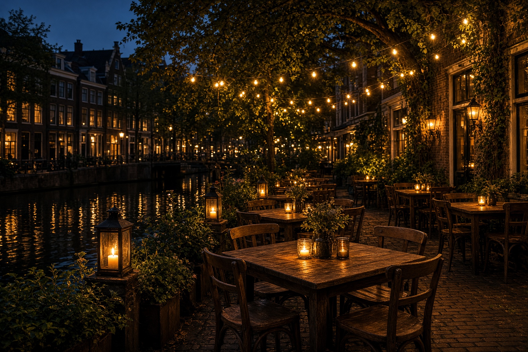 The canal-side terrace at night, lanterns and string lights strung over wooden tables along the water.
