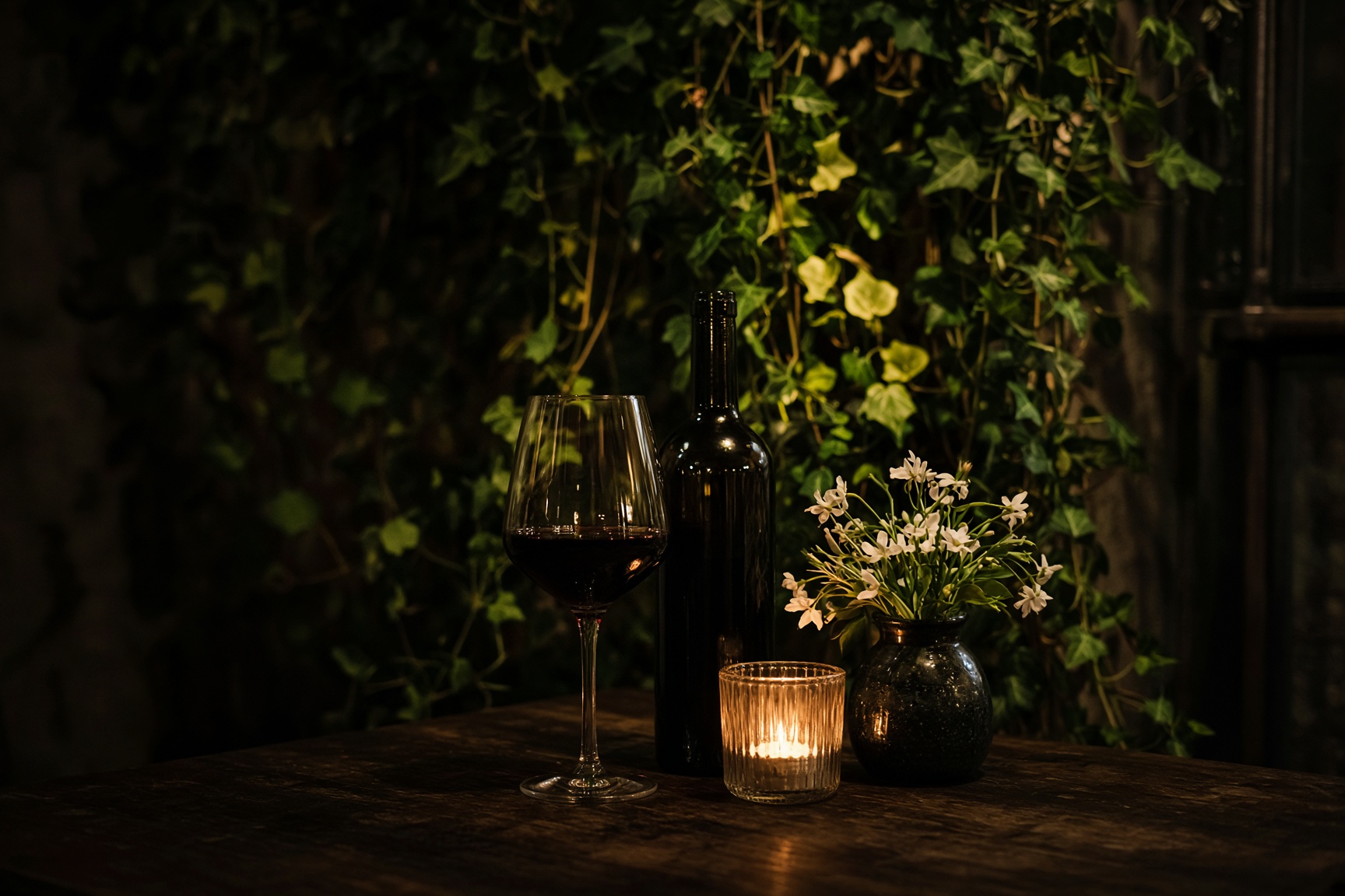 A glass of red, an unlabelled bottle, a lit candle and a small vase of white flowers on a dark table against a wall of ivy.