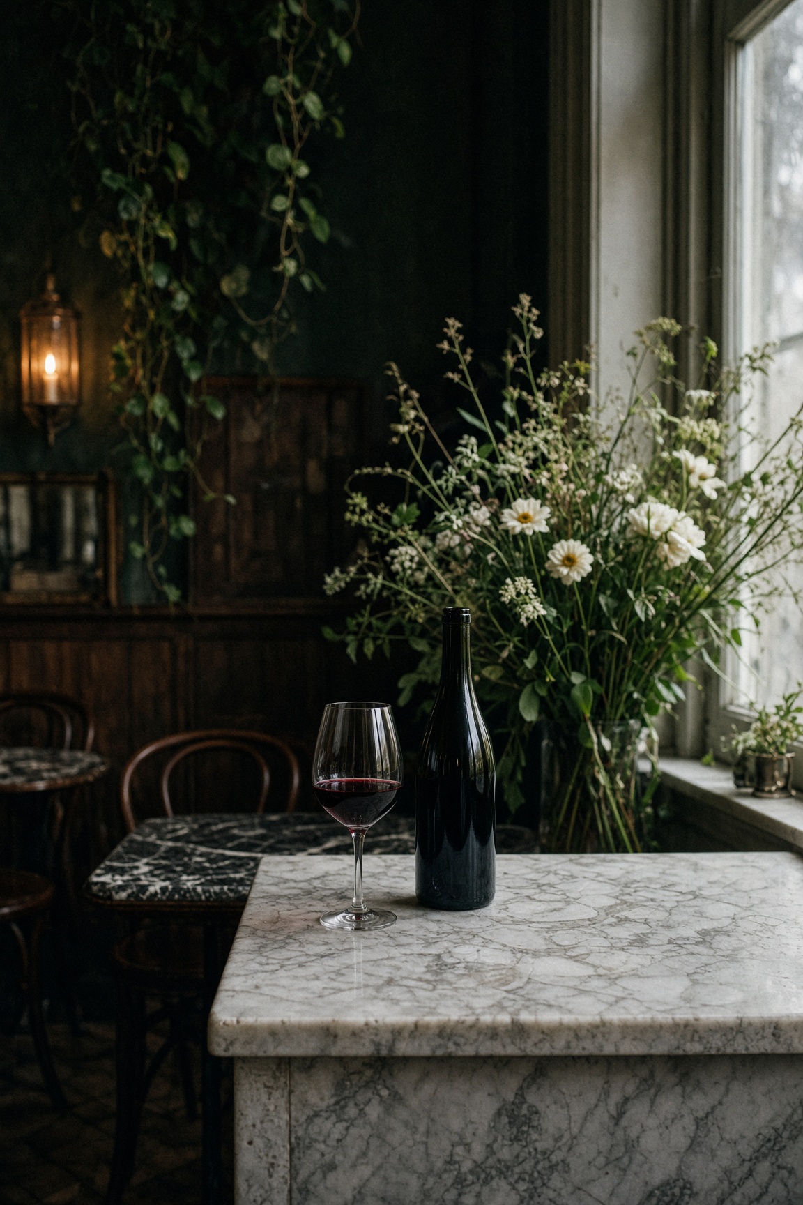A glass of red wine and a bottle on a pale marble ledge, a loose arrangement of wildflowers and greenery behind them.